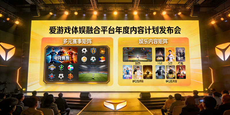 爱游戏体娱融合平台年度内容计划发布会现场，展示多元赛事与娱乐内容矩阵