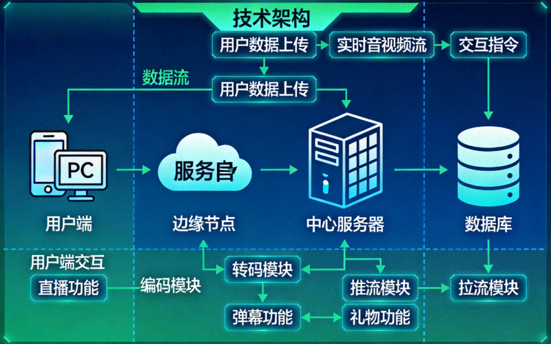 沉浸式互动直播功能后端技术架构示意图，展示数据流、处理节点和用户端交互