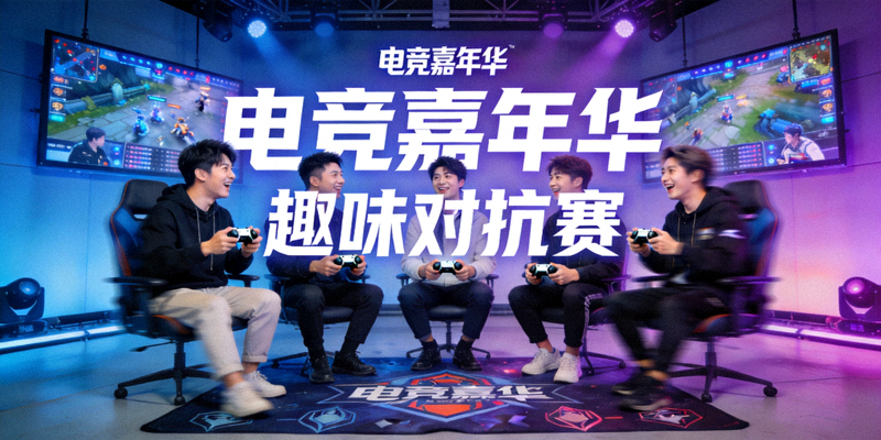 电竞主题综艺节目录制现场，明星嘉宾与职业选手正在进行趣味游戏互动