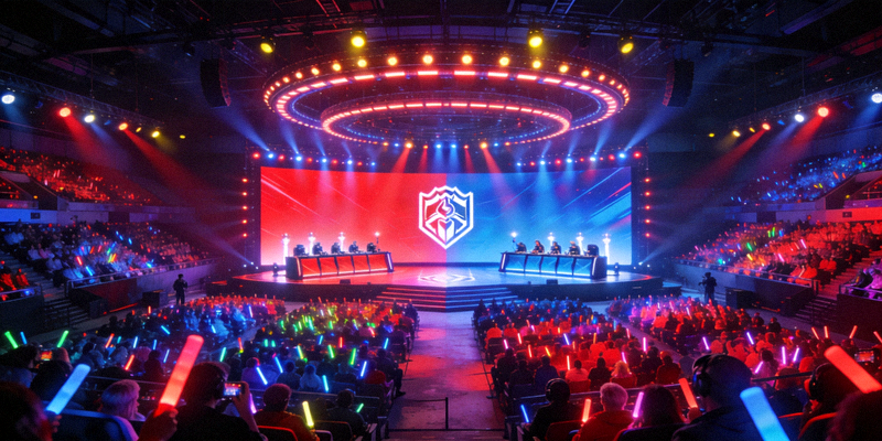 全球顶级电竞赛事舞台全景，观众席座无虚席，灯光璀璨