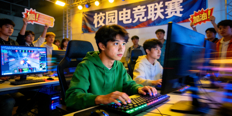 校园电竞比赛现场，年轻选手在电脑前专注操作，充满青春活力