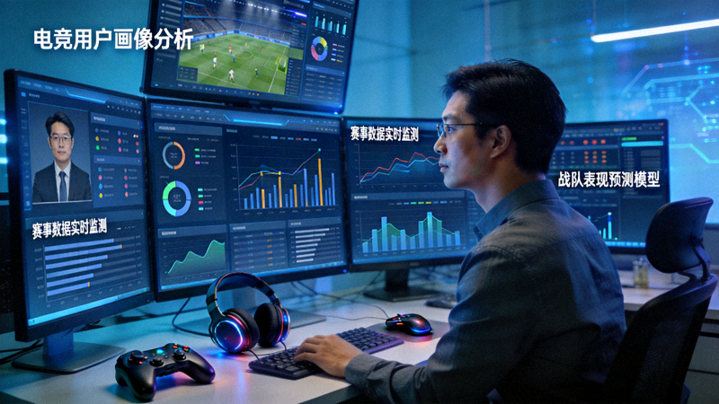 数据分析师在屏幕前工作，展示电竞产业背后的数据驱动决策