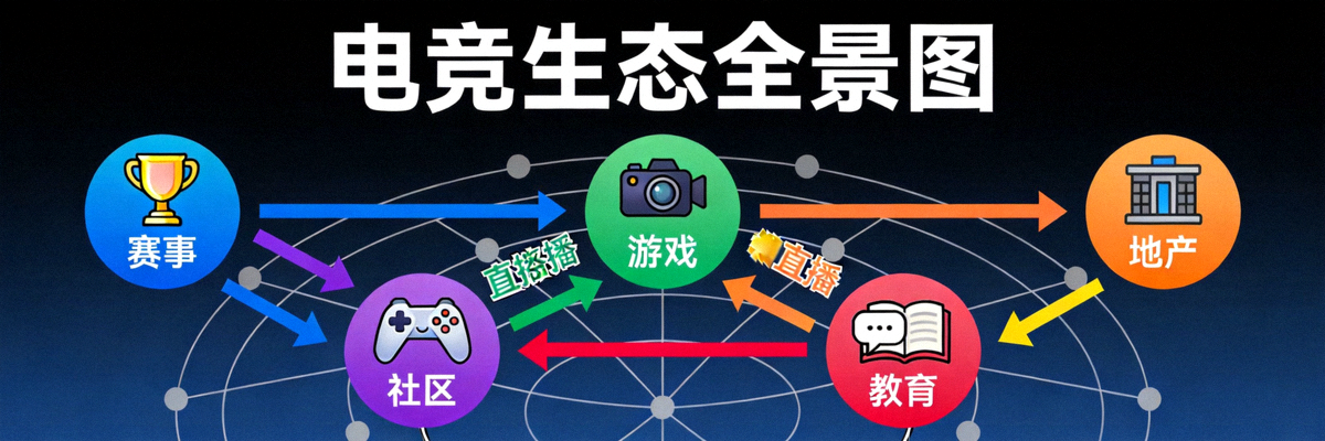 电竞生态全景图，展示赛事、游戏、直播、社区、教育、地产等各板块的互联关系