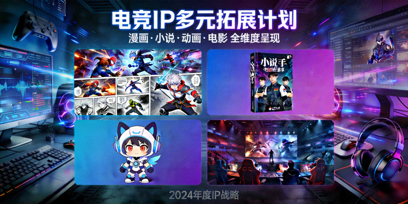 电竞主题的漫画、小说、动画或电影的宣传海报，展示IP向其他娱乐形式的拓展