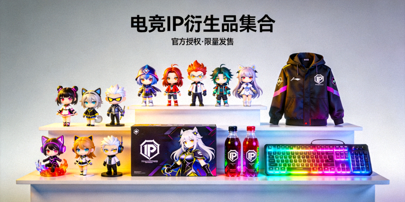 琳琅满目的电竞IP衍生品陈列，包括手办、服装、联名饮料、键盘等