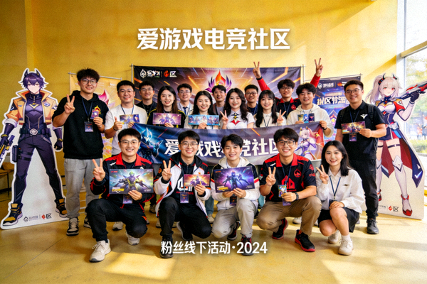 爱游戏电竞社区粉丝线下活动合影，充满欢乐与文化氛围
