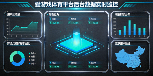 爱游戏体育平台后台数据大屏，展示用户互动与观看行为实时分析