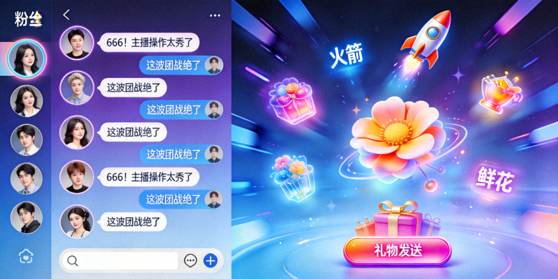 线上电竞社区界面展示，粉丝热烈讨论与虚拟礼物赠送