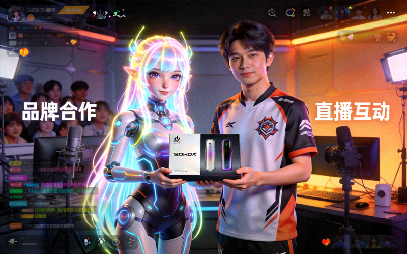 虚拟数字人与电竞选手在直播中进行品牌互动场景