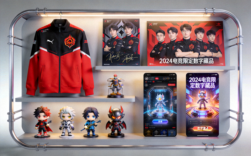 琳琅满目的电竞衍生品展示，包括战队队服、选手签名周边、联名潮玩和数字藏品界面