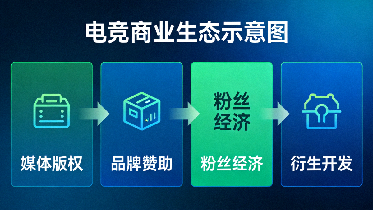 电竞商业生态示意图，展示媒体版权、品牌赞助、粉丝经济、衍生开发等多个收入板块的连接