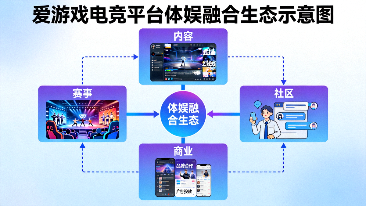 爱游戏电竞平台体娱融合生态示意图：展示赛事、社区、内容、商业四大板块的联动关系