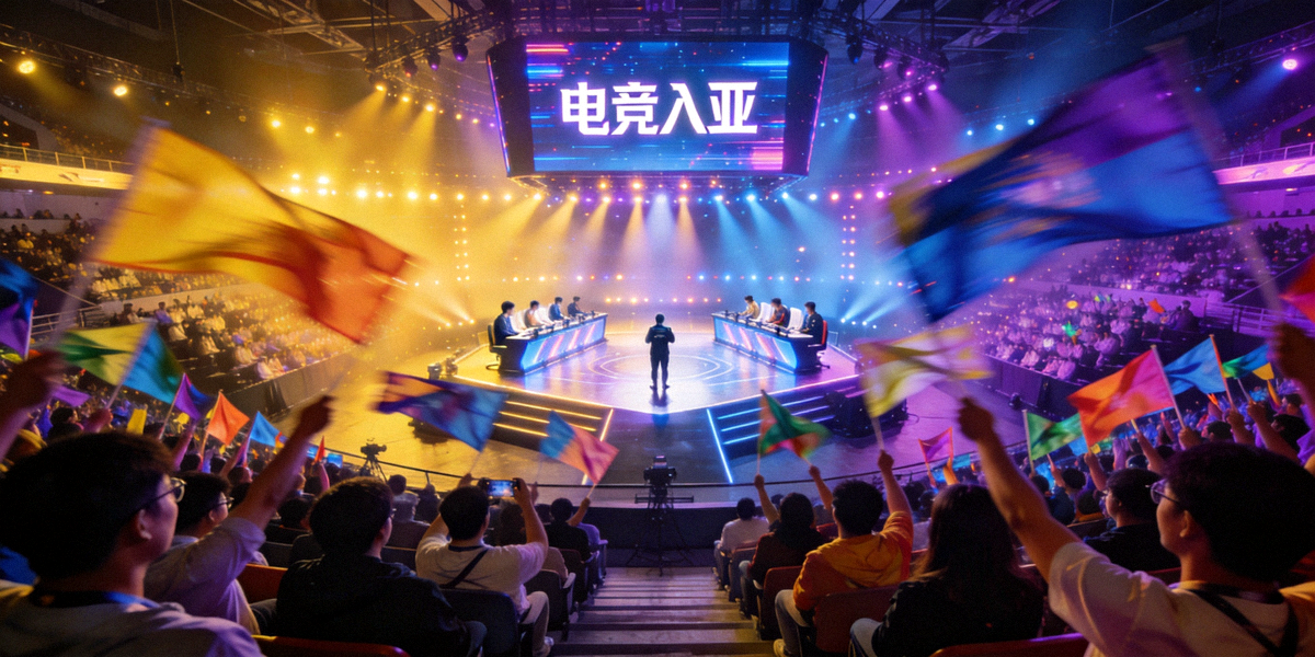 电竞入亚赛场氛围热烈，观众挥舞旗帜为选手加油，舞台灯光璀璨