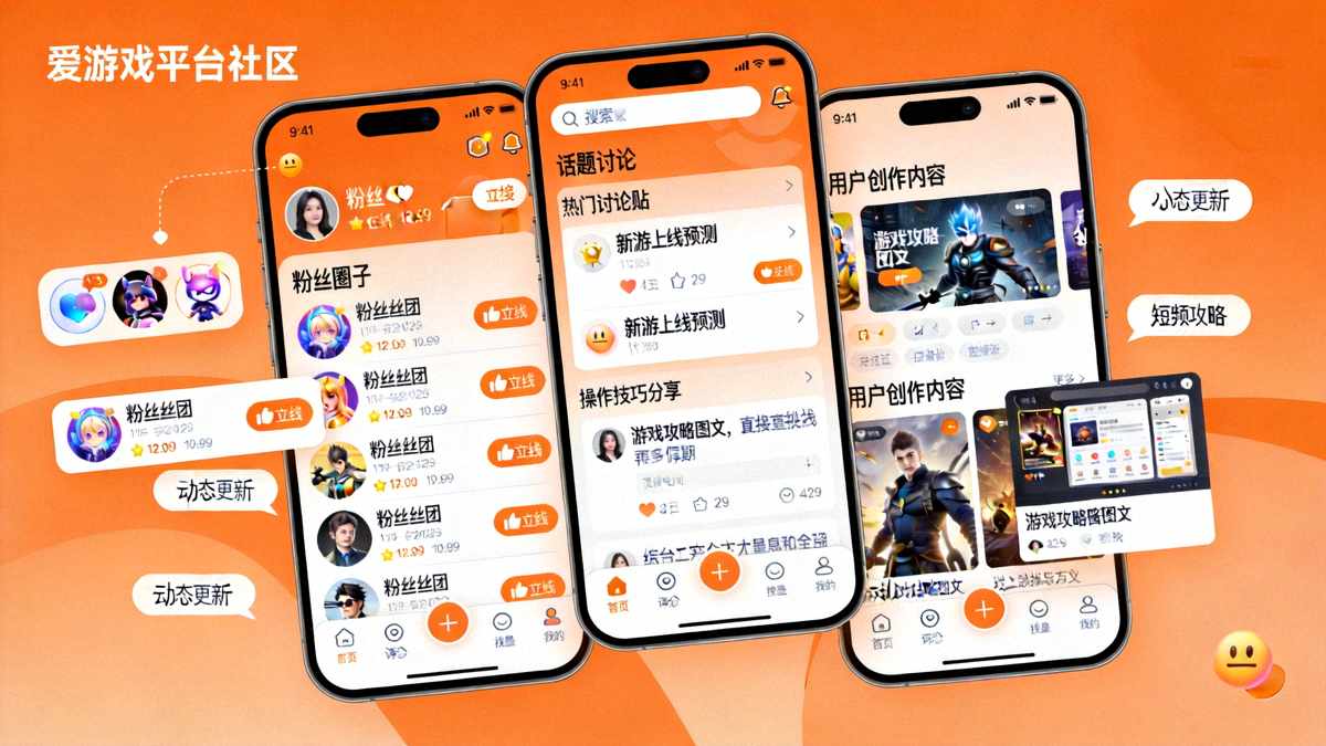 爱游戏平台社区界面展示，手机屏幕上显示着粉丝圈子、话题讨论和用户创作内容，体现活跃的线上互动氛围
