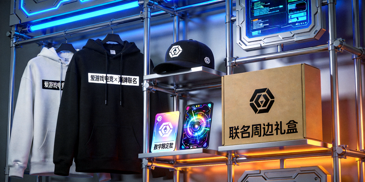 展示爱游戏电竞与潮牌联名的服饰、数字藏品卡片以及实体周边礼盒，背景为充满科技感的展示架