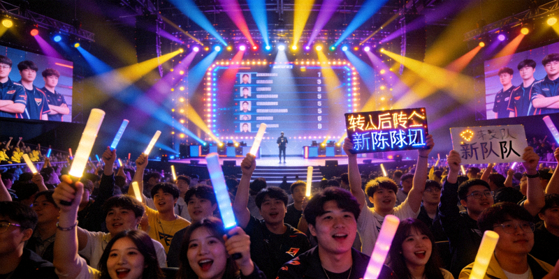 电竞馆内观众为转会后的新阵容欢呼，舞台灯光璀璨