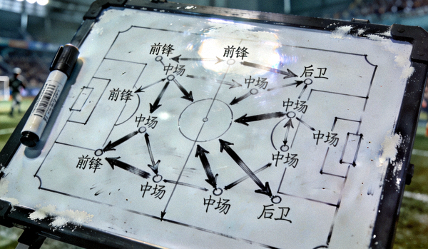 战术白板上画着复杂的箭头和站位图，代表新战术体系