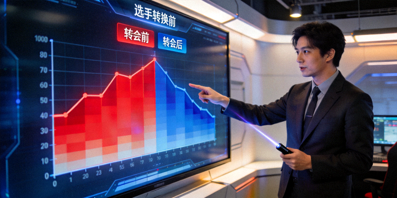 战术分析师正在大屏幕上展示选手转会后的战队数据变化热力图