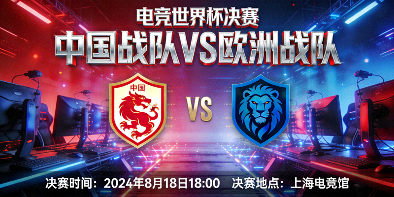 电竞世界杯决赛预告海报，显示中国战队对阵欧洲战队的决赛信息