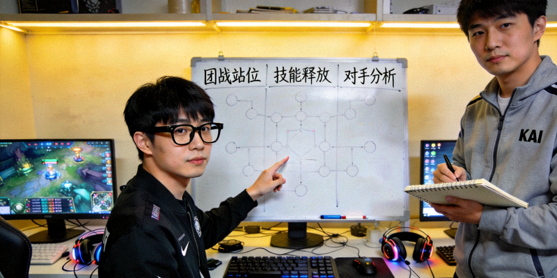 电竞选手Kai在训练基地与教练讨论战术，面前摆放着战术白板，展现其作为团队大脑的智慧