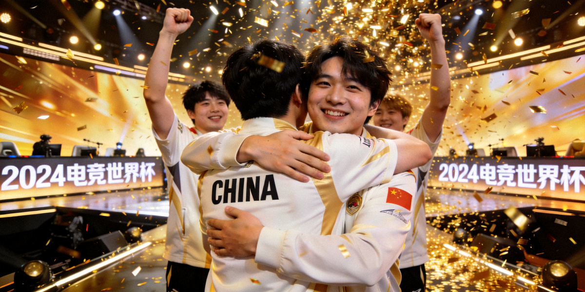 电竞世界杯决赛现场，中国战队选手在舞台上激情庆祝夺冠瞬间，金色雨落下