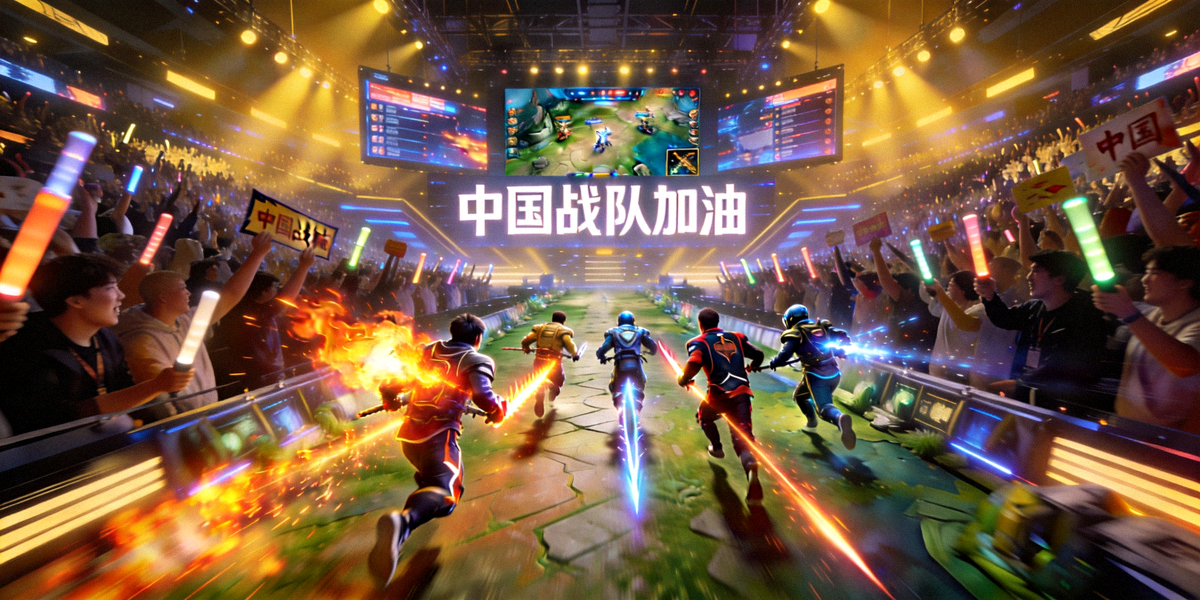 电竞世界杯决赛第五局决胜时刻，中国战队五人集结推进高地，观众席沸腾