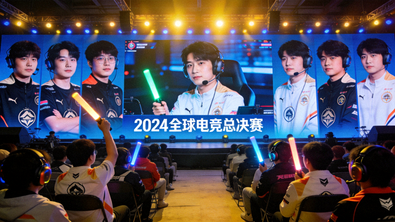 电竞比赛大屏幕直播现场，观众聚精会神观看赛事