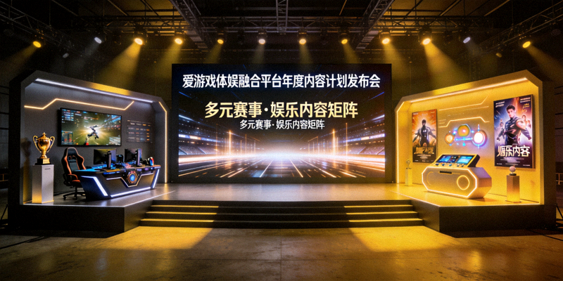 爱游戏体娱融合平台年度内容计划发布会现场，展示多元赛事与娱乐内容矩阵