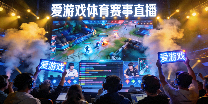 电竞赛事现场大屏与观众互动画面，体现爱游戏体育赛事直播的沉浸感