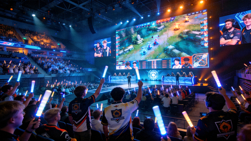 电竞赛事现场大屏与观众席，呈现线下赛事的沉浸式氛围