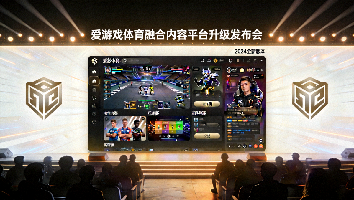 爱游戏体育融合内容平台升级发布会现场，大屏幕上展示电竞赛事与娱乐内容融合的新版界面